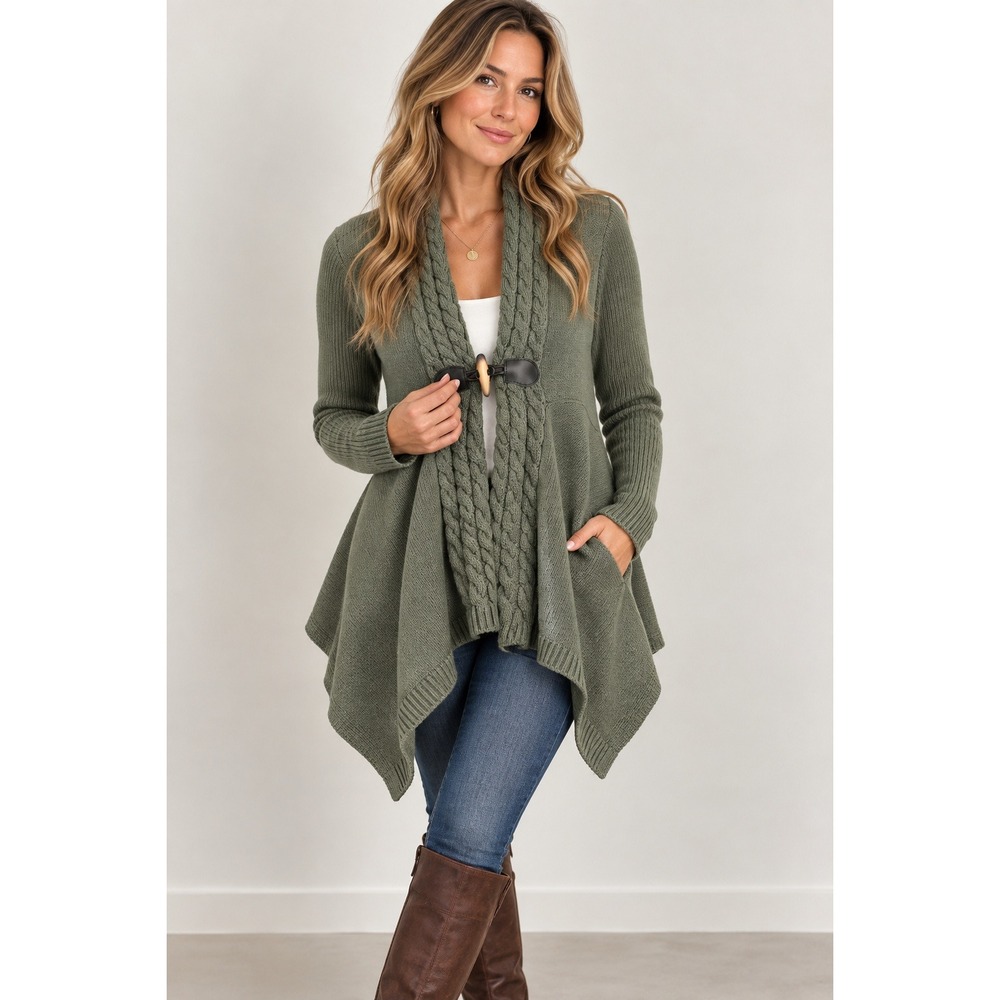 Olive Green Cable Knit Toggle Cardigan PS‎